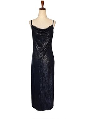 Vintage 90s Y2K BEBE Black Glitter Sequin Slip Party Evening Dress Cowl Neck